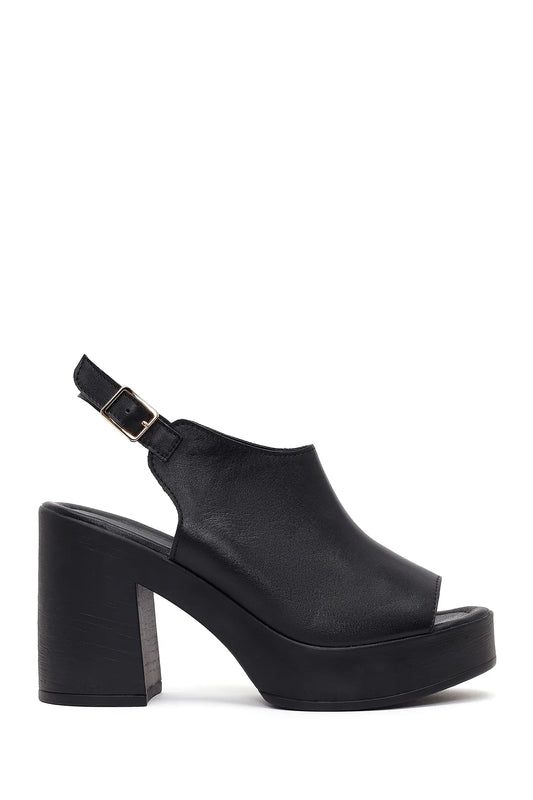 Kadın Siyah Bilekten Tokalı Platform Yüksek Kalın Topuklu Deri Sandalet