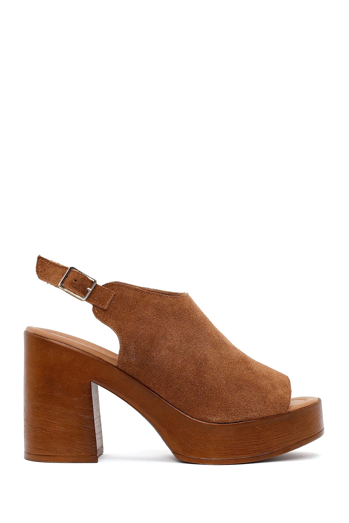 Kadın Taba Bilekten Tokalı Platform Yüksek Kalın Topuklu Süet Deri Sandalet