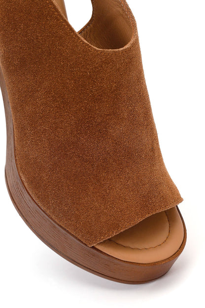 Kadın Taba Bilekten Tokalı Platform Yüksek Kalın Topuklu Süet Deri Sandalet