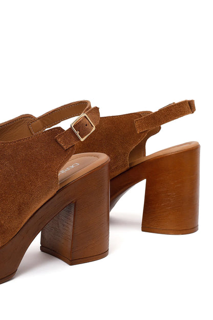 Kadın Taba Bilekten Tokalı Platform Yüksek Kalın Topuklu Süet Deri Sandalet