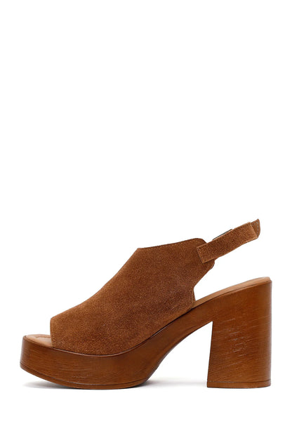 Kadın Taba Bilekten Tokalı Platform Yüksek Kalın Topuklu Süet Deri Sandalet