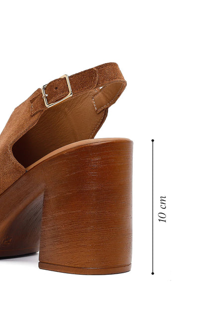 Kadın Taba Bilekten Tokalı Platform Yüksek Kalın Topuklu Süet Deri Sandalet