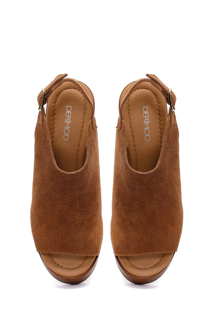 Kadın Taba Bilekten Tokalı Platform Yüksek Kalın Topuklu Süet Deri Sandalet