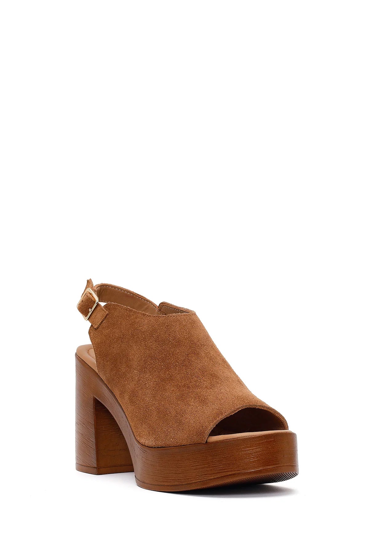 Kadın Taba Bilekten Tokalı Platform Yüksek Kalın Topuklu Süet Deri Sandalet