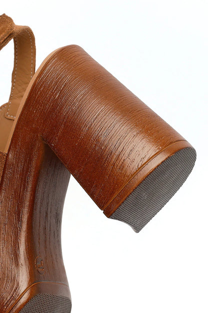 Kadın Taba Bilekten Tokalı Platform Yüksek Kalın Topuklu Süet Deri Sandalet