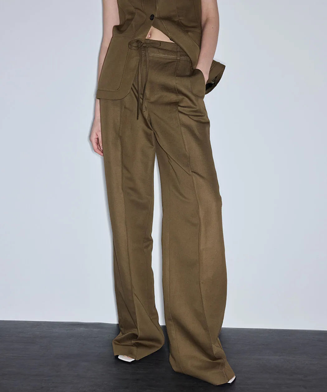 Haki Ince Kuşaklı Wide Leg Pantolon Is1260003138177 | Ipekyol