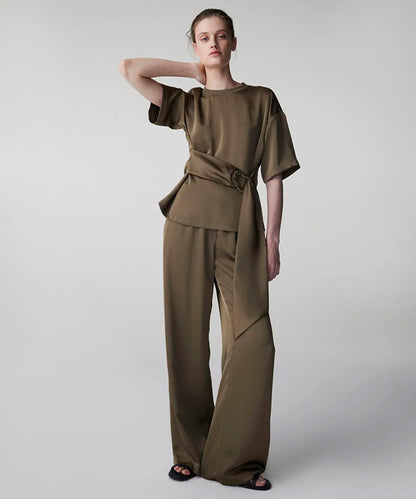 Haki Wide Leg Fit Saten Pantolon Is1260003147022 | Ipekyol