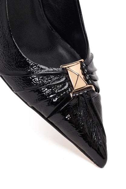 Kadın Siyah Arkası Açık Ince Topuklu Rugan Deri Ayakkabı