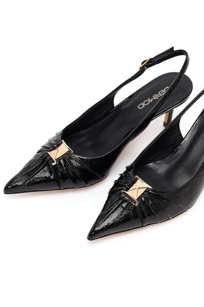 Kadın Siyah Arkası Açık Ince Topuklu Rugan Deri Ayakkabı