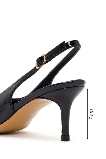 Kadın Siyah Arkası Açık Ince Topuklu Rugan Deri Ayakkabı