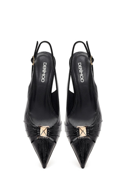 Kadın Siyah Arkası Açık Ince Topuklu Rugan Deri Ayakkabı