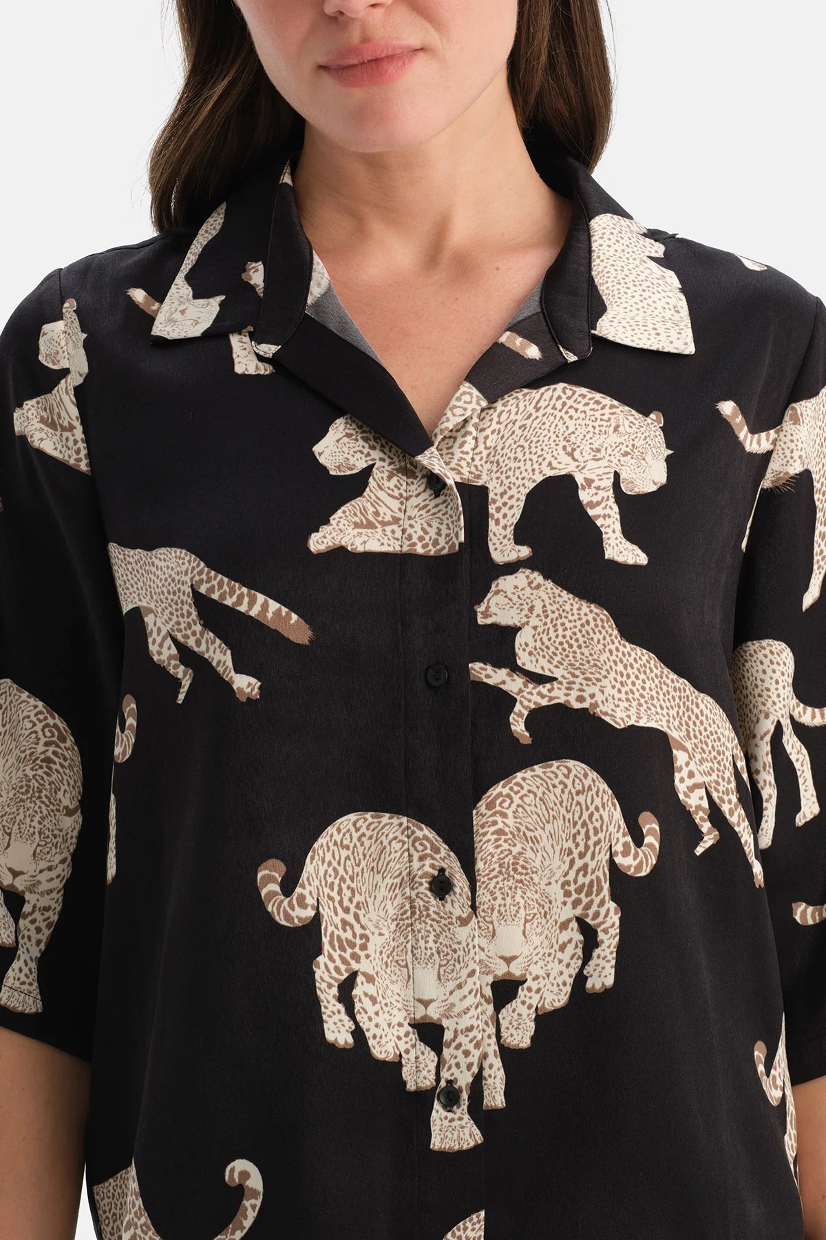 Siyah Leopar Desenli Saten Gömlek Pantolon Takım