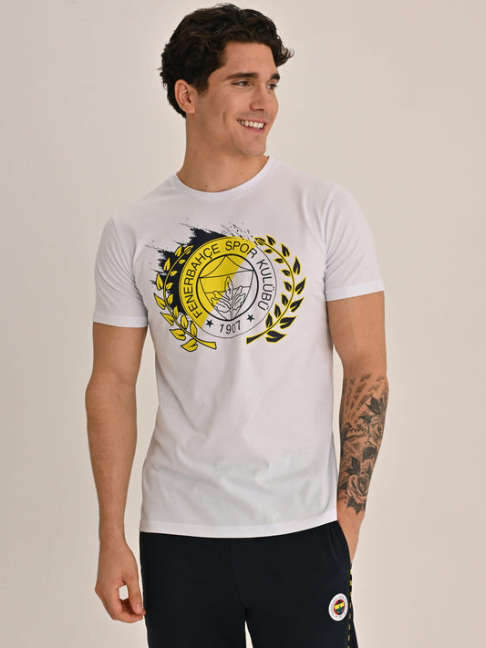 Fenerbahçe Beyaz Kolej Brush Detaylı Logo Erkek Tshirt