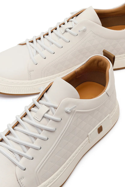 Erkek Beyaz Bağcıklı Baskılı Deri Sneaker