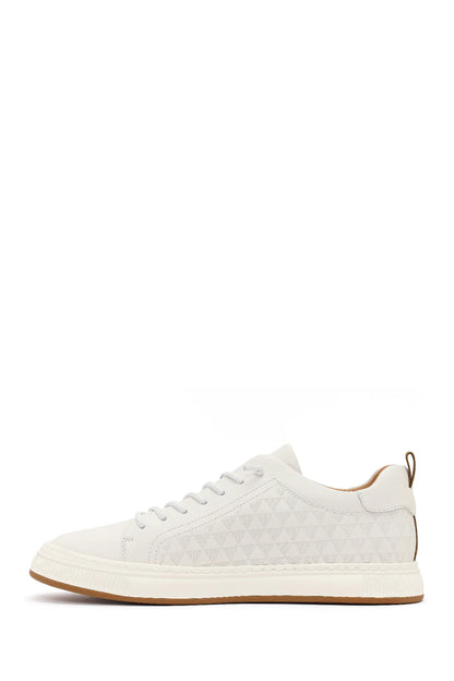 Erkek Beyaz Bağcıklı Baskılı Deri Sneaker