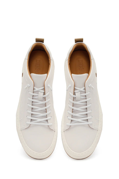 Erkek Beyaz Bağcıklı Baskılı Deri Sneaker