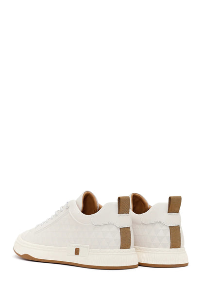 Erkek Beyaz Bağcıklı Baskılı Deri Sneaker