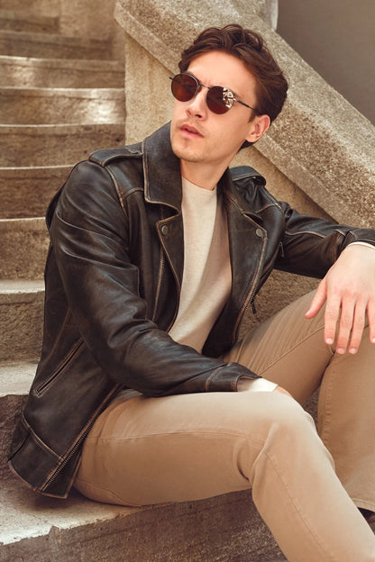 Carter Erkek Kahverengi Biker Deri Mont