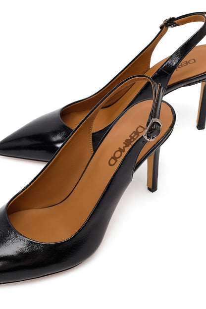 Kadın Siyah Bilekten Tokalı Arkası Açık Ince Topuklu Rugan Deri Ayakkabı