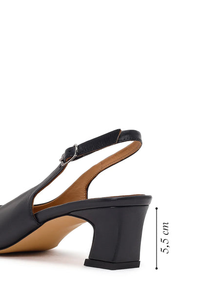 Kadın Siyah Arkası Açık Kısa Kalın Topuklu Deri Ayakkabı