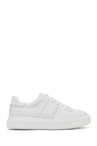 Erkek Beyaz Bağcıklı Kalın Tabanlı Deri Sneaker