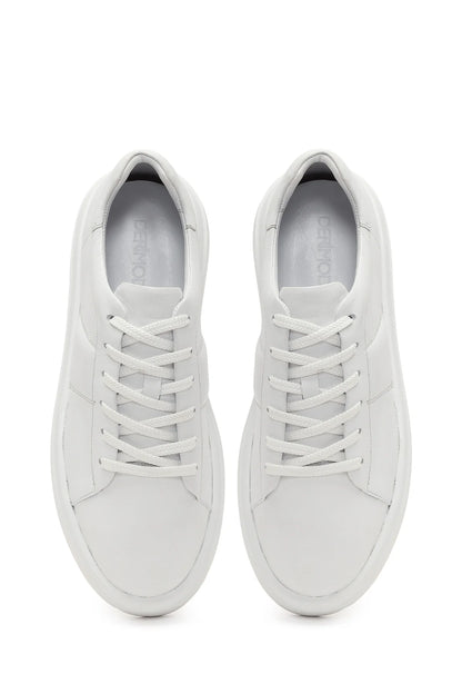 Erkek Beyaz Bağcıklı Kalın Tabanlı Deri Sneaker