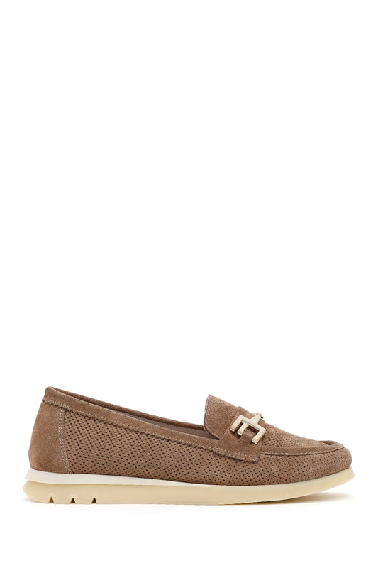 Kadın Vizon Bağcıklı Tokalı Süet Deri Comfort Loafer