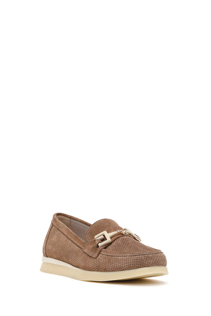 Kadın Vizon Bağcıklı Tokalı Süet Deri Comfort Loafer