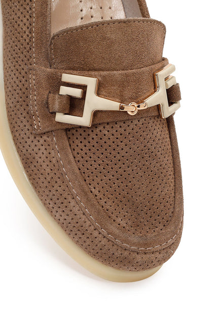 Kadın Vizon Bağcıklı Tokalı Süet Deri Comfort Loafer