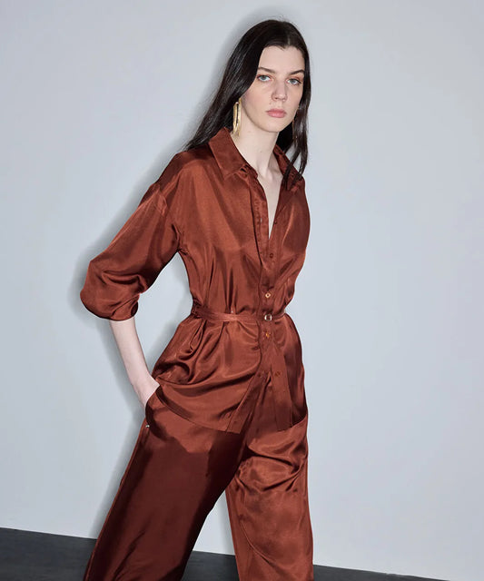 Kahverengi Parlak Yüzeyli Kuşaklı Gömlek Is1260025147048 | Ipekyol
