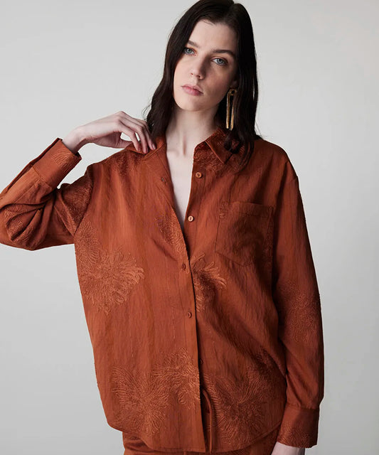 Kahverengi Çiçek Nakışlı Gömlek Is1260025156048 | Ipekyol