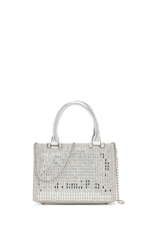 Kadın Gümüş Uzun Zincir Askılı Taşlı Mini Abiye Çanta