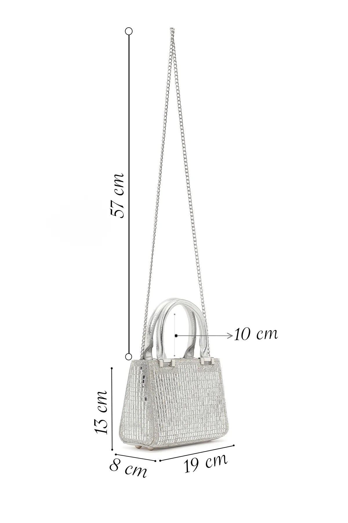 Kadın Gümüş Uzun Zincir Askılı Taşlı Mini Abiye Çanta