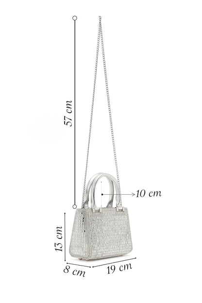 Kadın Gümüş Uzun Zincir Askılı Taşlı Mini Abiye Çanta