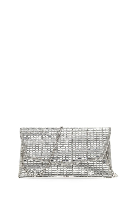 Kadın Gümüş Uzun Zincir Askılı Taşlı Mini Abiye Portföy Çanta