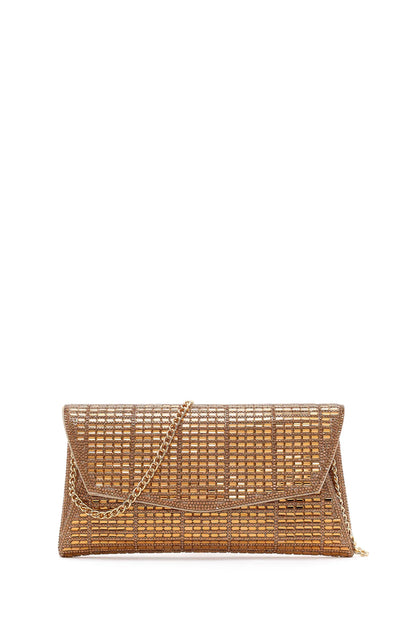 Kadın Altın Uzun Zincir Askılı Taşlı Mini Abiye Portföy Çanta