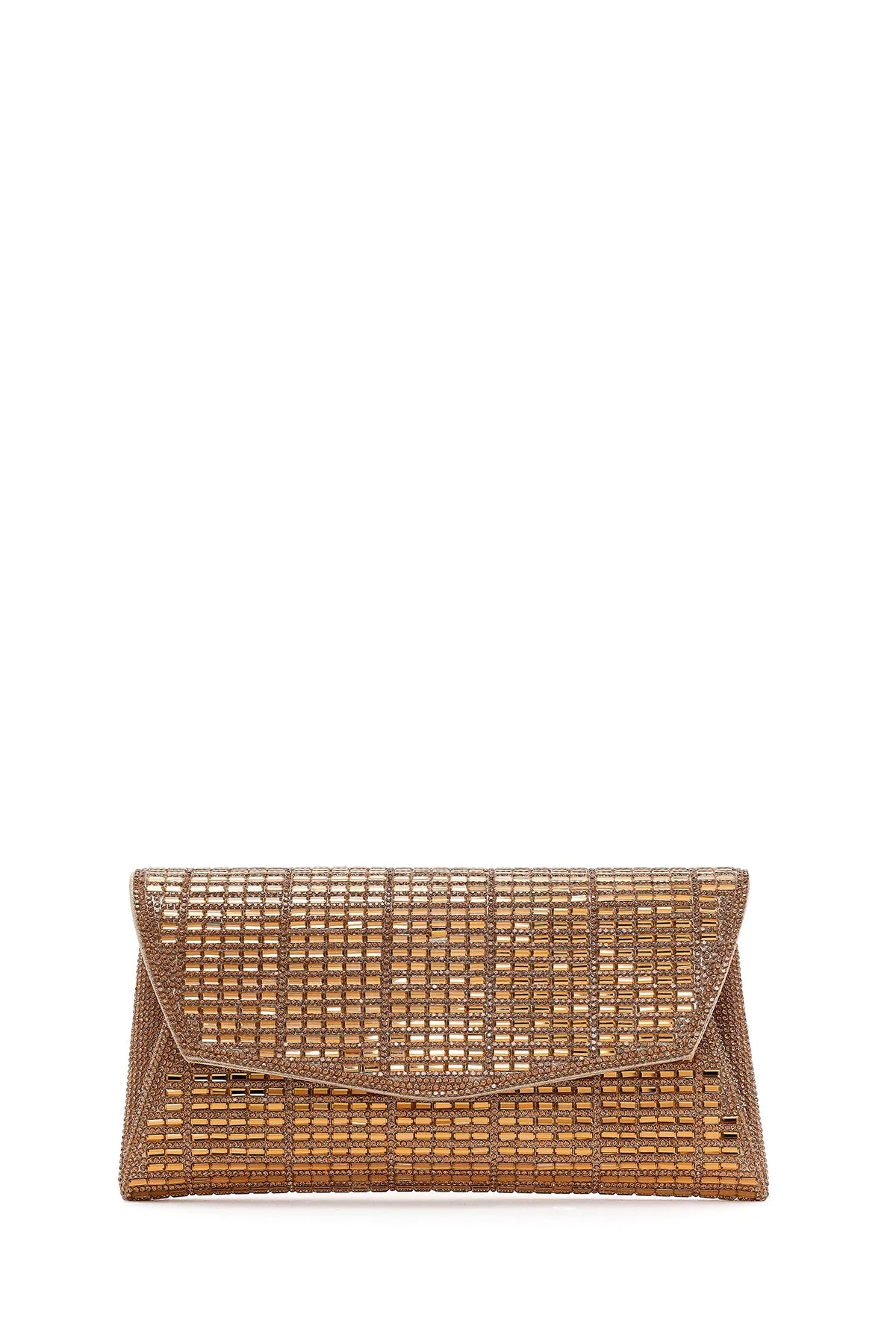 Kadın Altın Uzun Zincir Askılı Taşlı Mini Abiye Portföy Çanta