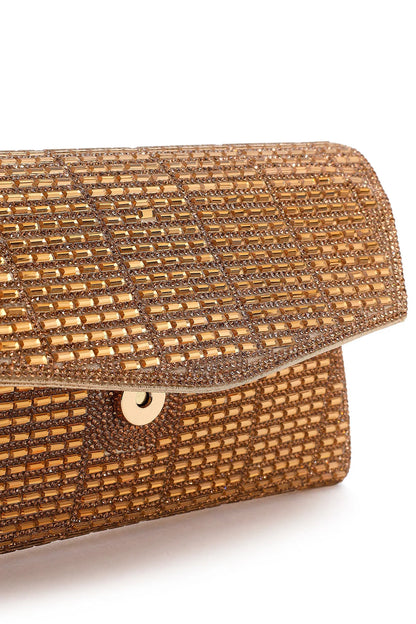 Kadın Altın Uzun Zincir Askılı Taşlı Mini Abiye Portföy Çanta