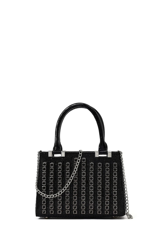 Kadın Siyah Uzun Zincir Askılı Taşlı Mini Abiye Çanta