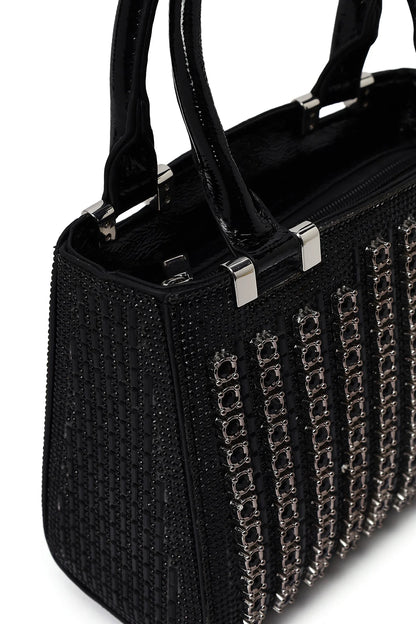 Kadın Siyah Uzun Zincir Askılı Taşlı Mini Abiye Çanta