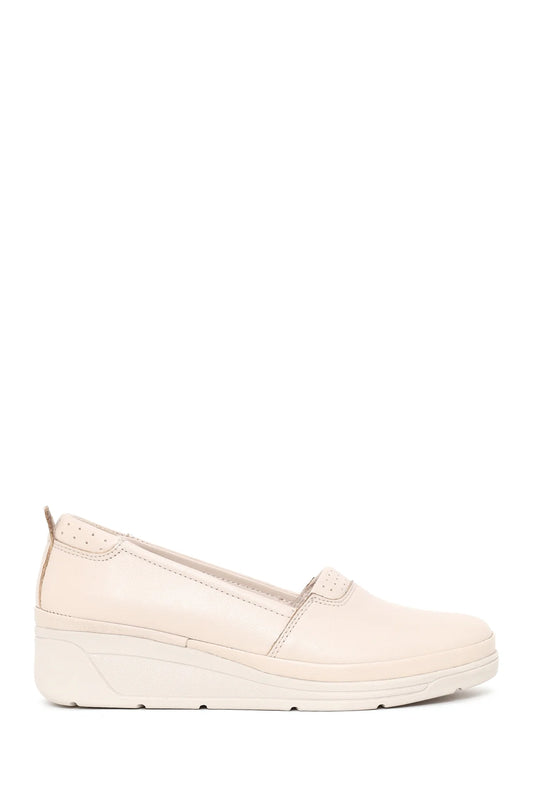 Kadın Krem Dolgu Topuklu Deri Konfor Loafer