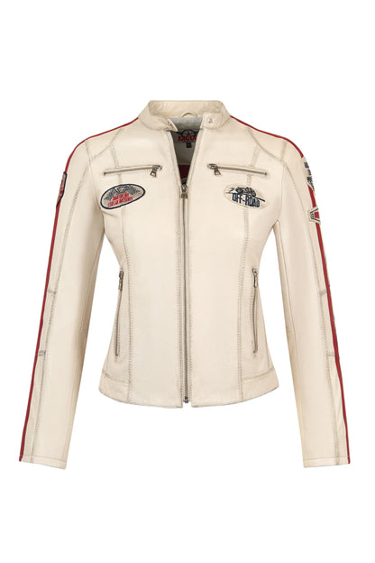 Ladyracer Kadın Beyaz Armalı Slim-fit Deri Ceket