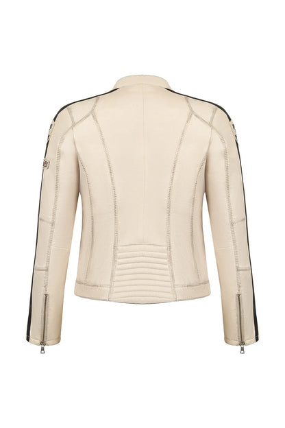 Ladyracer Kadın Beyaz Armalı Slim-fit Deri Ceket