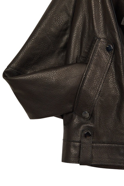Torino Kadın Siyah Biker Oversize Deri Ceket
