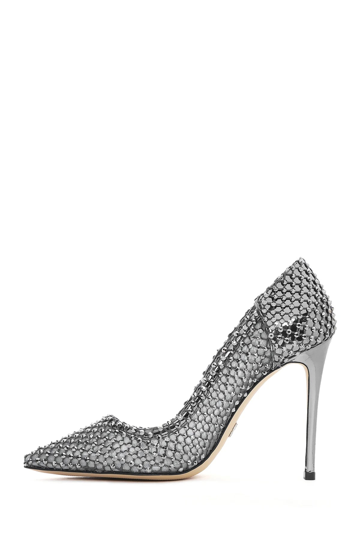 Kadın Gümüş Taşlı Yüksek Ince Topuklu Deri Stiletto