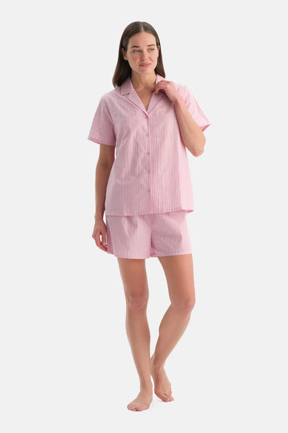 Pembe Çizgili Dokuma Gömlek Şort Takım