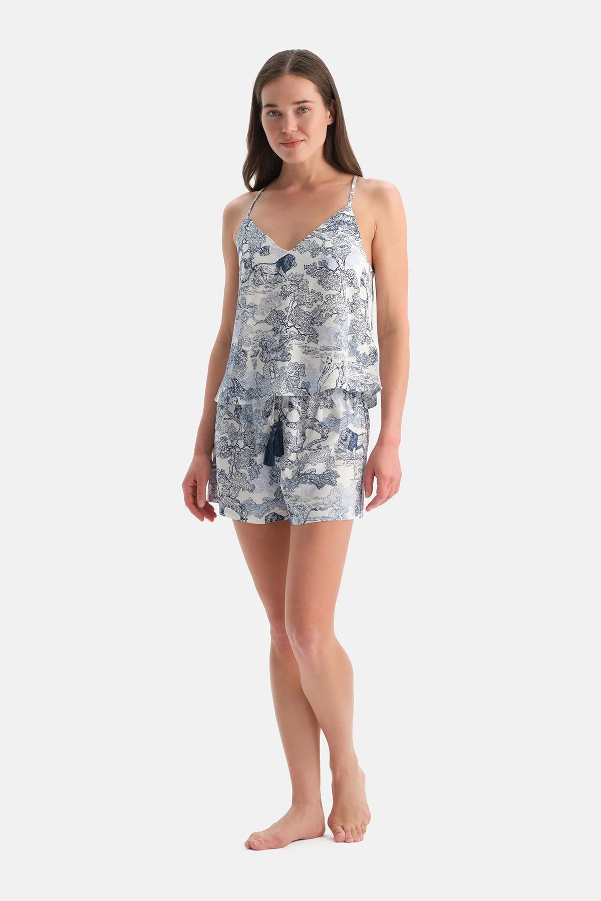 Mavi Manzara Baskılı Dokuma Camisole Şort Takım
