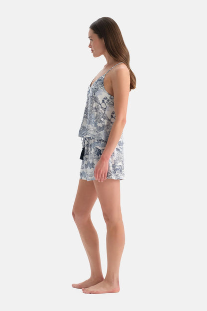 Mavi Manzara Baskılı Dokuma Camisole Şort Takım