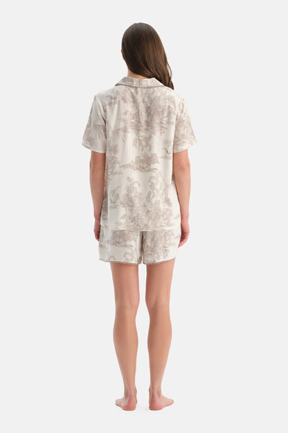 Ekru Ağaç Desenli Viskon Gömlek Şort Pijama Takımı