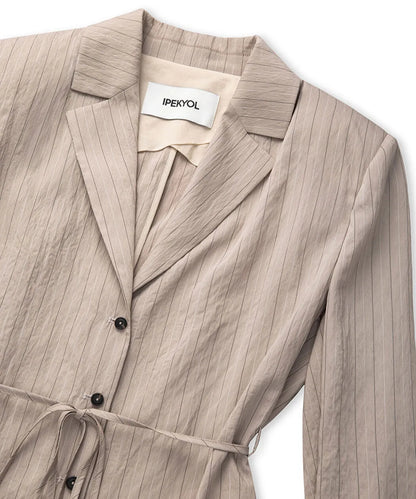 Natürel Çizgi Jakarlı Kuşaklı Blazer Is1260106024003 | Ipekyol